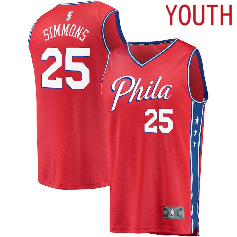 Youth Philadelphia 76ers 25 Ben Simmons Fanatics Branded Red Fast Break Replica Player Team NBA Jersey